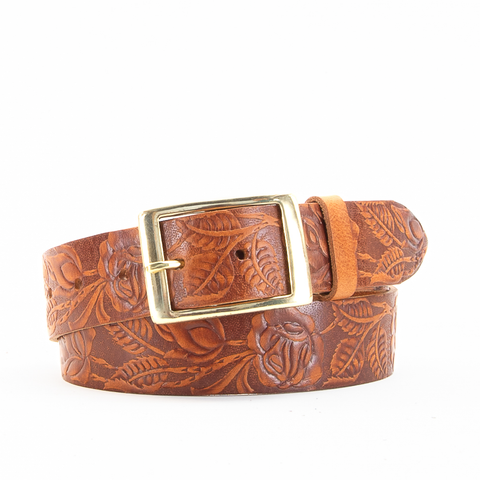 Rose & Leaf Tooled 1 1/2" Tan Classic Belt