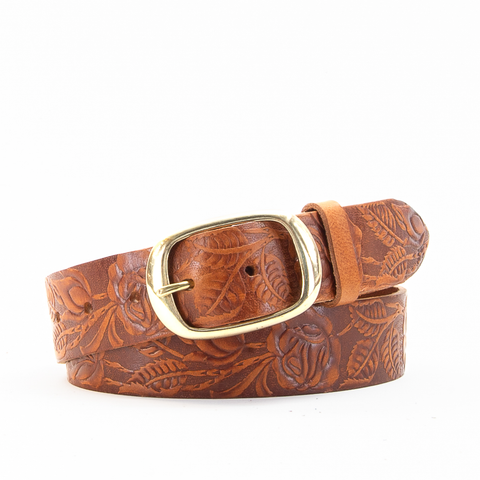 Rose & Leaf Tooled 1 1/2" Tan Classic Belt