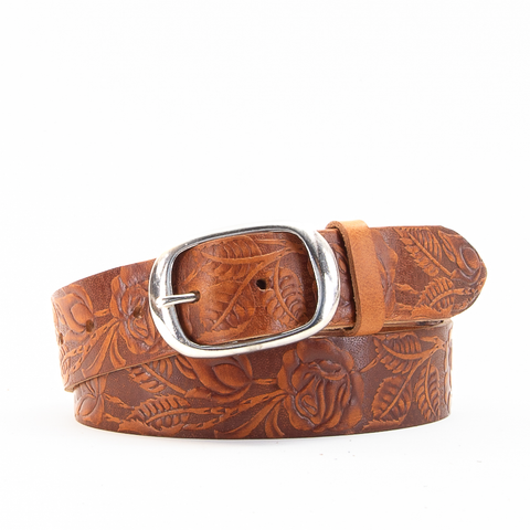 Rose & Leaf Tooled 1 1/2" Tan Classic Belt