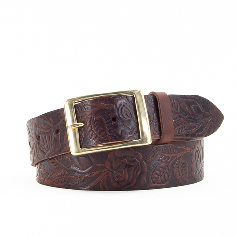 Rose & Leaf Tooled 1 1/2" Brown Classic Belt