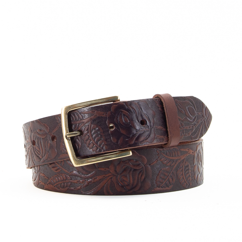 Rose & Leaf Tooled 1 1/2" Brown Classic Belt