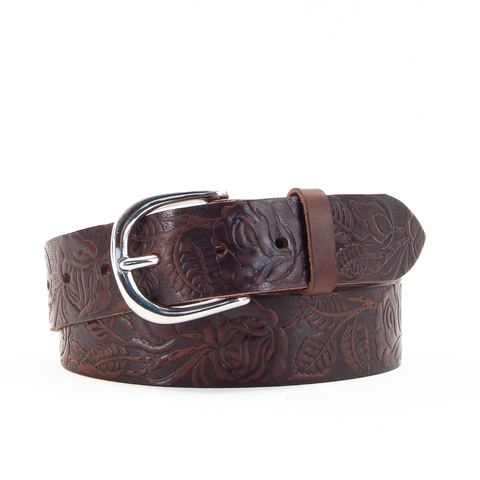 Rose & Leaf Tooled 1 1/2" Brown Classic Belt