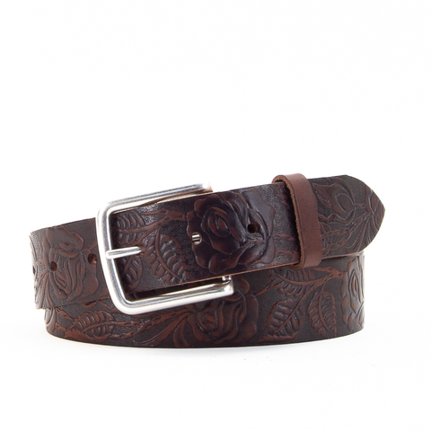 Rose & Leaf Tooled 1 1/2" Brown Classic Belt