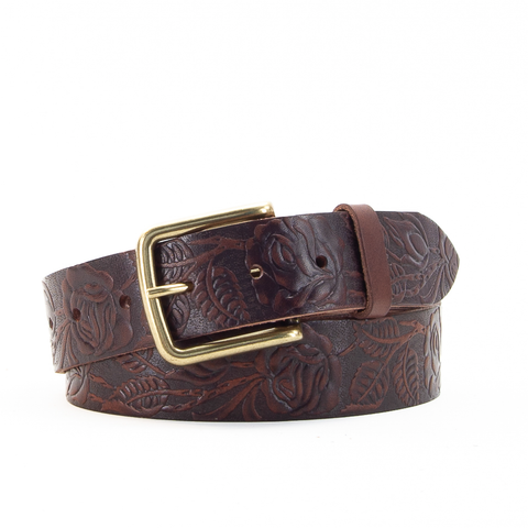 Rose & Leaf Tooled 1 1/2" Brown Classic Belt