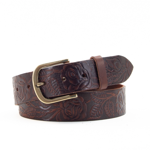 Rose & Leaf Tooled 1 1/2" Brown Classic Belt