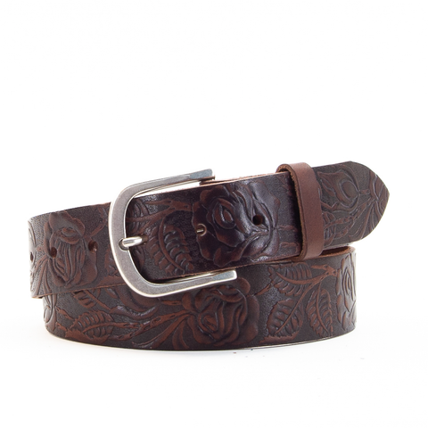 Rose & Leaf Tooled 1 1/2" Brown Classic Belt