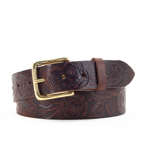 Rose & Leaf Tooled 1 1/2" Brown Classic Belt