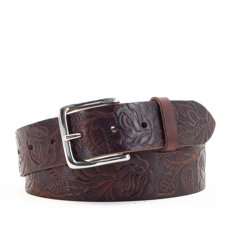 Rose & Leaf Tooled 1 1/2" Brown Classic Belt