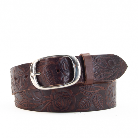 Rose & Leaf Tooled 1 1/2" Brown Classic Belt