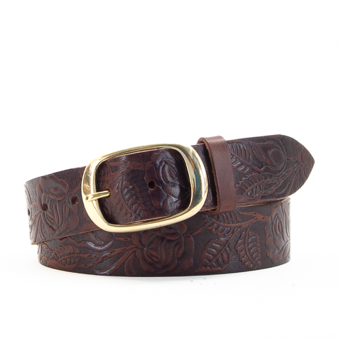 Rose & Leaf Tooled 1 1/2" Brown Classic Belt