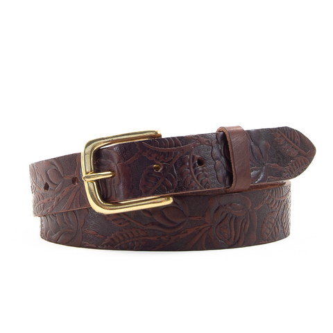 Rose and Leaf Tooled 1 1/4" Brown Classic Belt