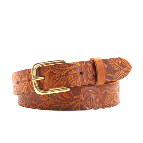 Rose & Leaf Tooled 1 1/4" Tan Classic Belt