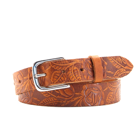 Rose & Leaf Tooled 1 1/4" Tan Classic Belt