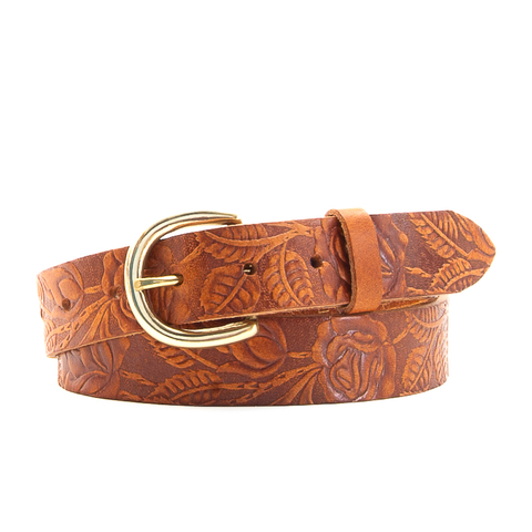 Rose & Leaf Tooled 1 1/4" Tan Classic Belt