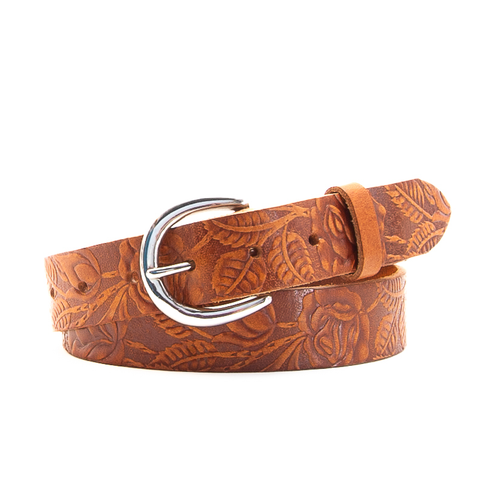 Rose & Leaf Tooled 1 1/4" Tan Classic Belt