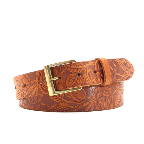 Rose & Leaf Tooled 1 1/4" Tan Classic Belt