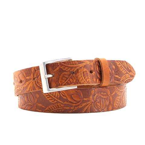 Rose & Leaf Tooled 1 1/4" Tan Classic Belt