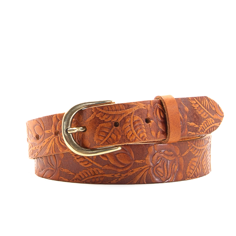 Rose & Leaf Tooled 1 1/4" Tan Classic Belt