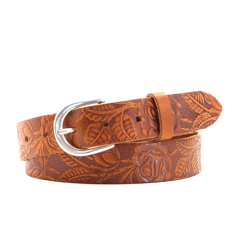 Rose & Leaf Tooled 1 1/4" Tan Classic Belt