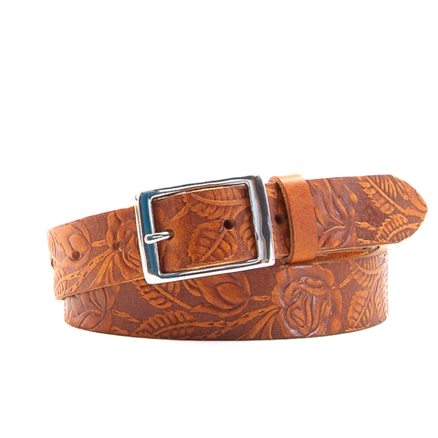 Rose & Leaf Tooled 1 1/4" Tan Classic Belt