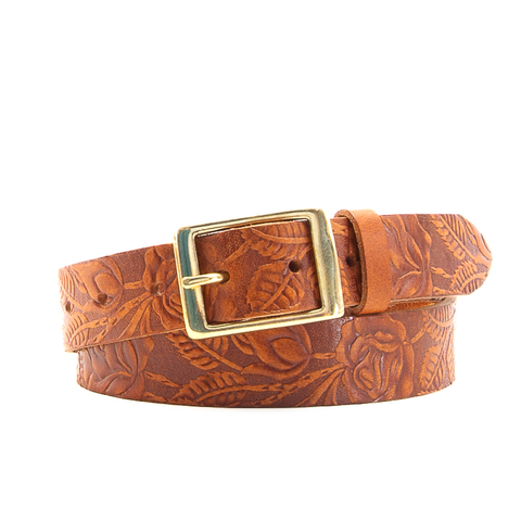 Rose & Leaf Tooled 1 1/4" Tan Classic Belt