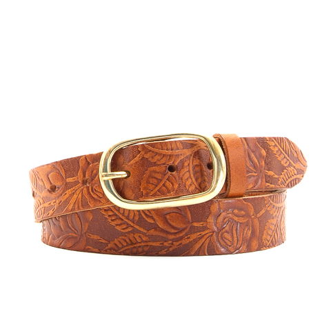 Rose & Leaf Tooled 1 1/4" Tan Classic Belt