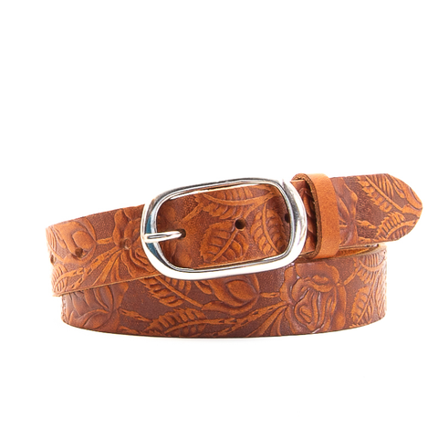 Rose & Leaf Tooled 1 1/4" Tan Classic Belt