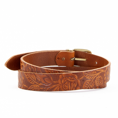 Buckle and Loop 1 1/8" Tan Tooled Leather Belt