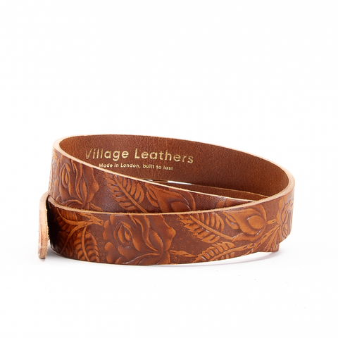 Buckle and Loop 1 1/8" Tan Tooled Leather Belt