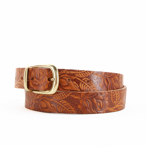 Buckle and Loop 1 1/8" Tan Tooled Leather Belt