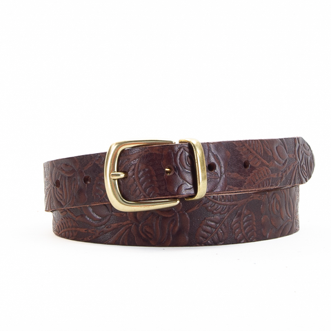 Buckle and Loop 1 1/8" Brown Tooled Leather Belt