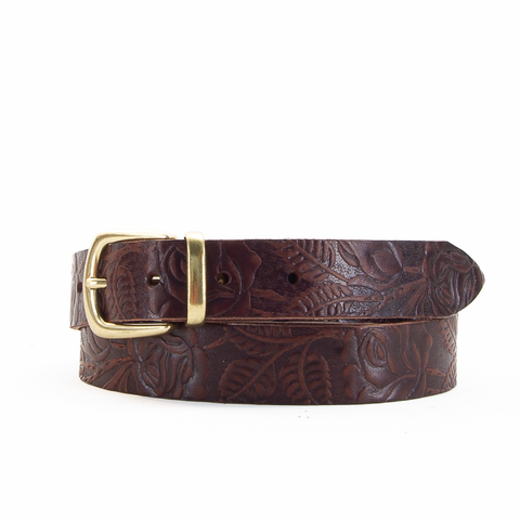 Buckle and Loop 1 1/8" Brown Tooled Leather Belt