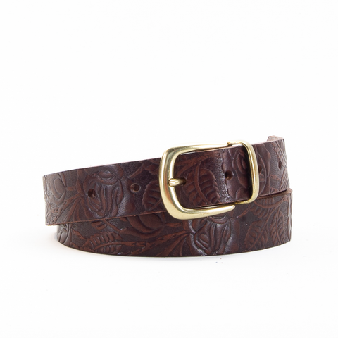 Buckle and Loop 1 1/8" Brown Tooled Leather Belt