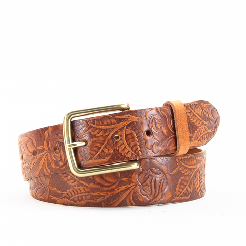 Rose & Leaf Tooled 1 1/2" Tan Classic Belt