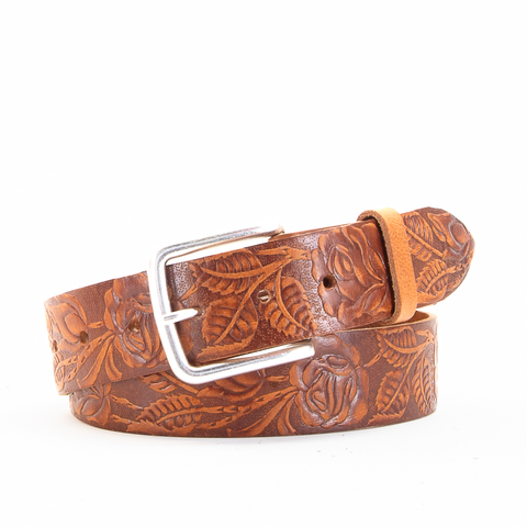 Rose & Leaf Tooled 1 1/2" Tan Classic Belt