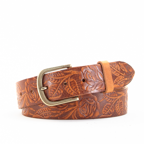 Rose & Leaf Tooled 1 1/2" Tan Classic Belt