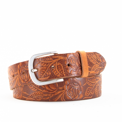 Rose & Leaf Tooled 1 1/2" Tan Classic Belt