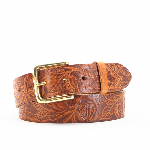 Rose & Leaf Tooled 1 1/2" Tan Classic Belt