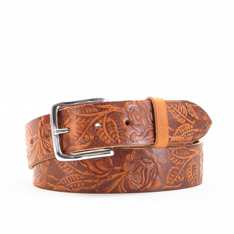 Rose & Leaf Tooled 1 1/2" Tan Classic Belt