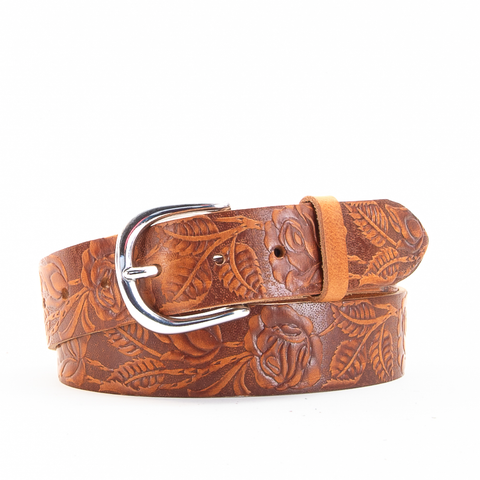 Rose & Leaf Tooled 1 1/2" Tan Classic Belt