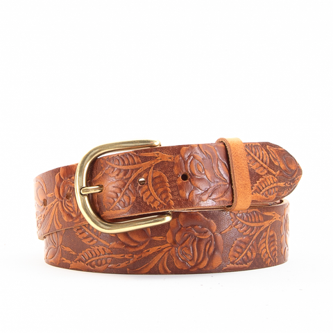 Rose & Leaf Tooled 1 1/2" Tan Classic Belt