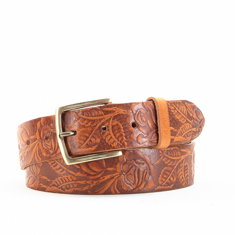 Rose & Leaf Tooled 1 1/2" Tan Classic Belt