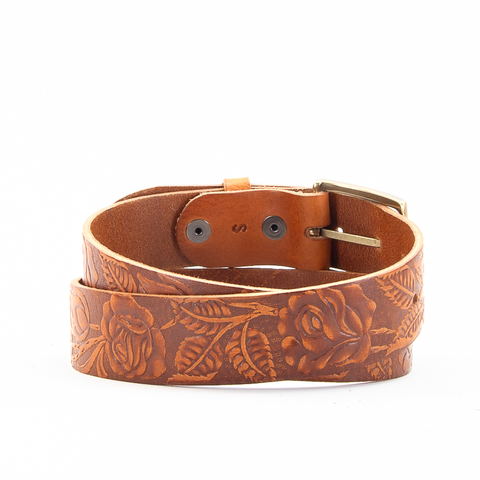 Rose & Leaf Tooled 1 1/2" Tan Classic Belt