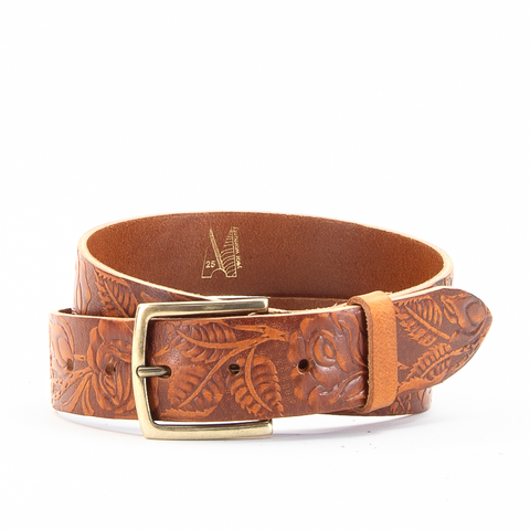 Rose & Leaf Tooled 1 1/2" Tan Classic Belt