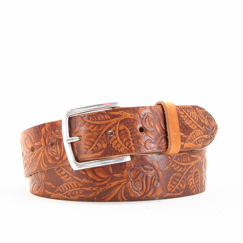 Rose & Leaf Tooled 1 1/2" Tan Classic Belt