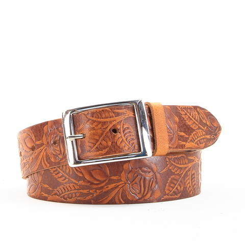 Rose & Leaf Tooled 1 1/2" Tan Classic Belt