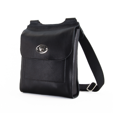 Black Leather Turnlock Shoulder Bag