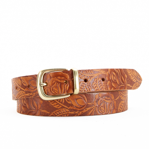 Buckle and Loop 1 1/8" Tan Tooled Leather Belt