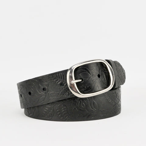 Rose & Leaf Tooled 1 1/2" Black Classic Belt