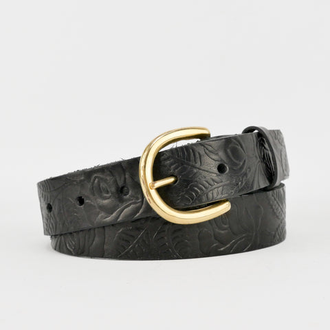 Rose & Leaf Tooled 1 1/4" Black Classic Belt